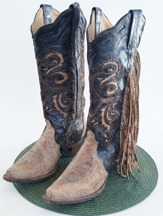 Corral Shoes - Corral Vintage Leather Brown Tan Inlay Snip Toe Fringe Western Boots Size 7